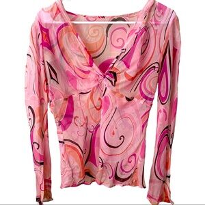 Pink abstract print silk long sleeve blouse . Small. V neck .